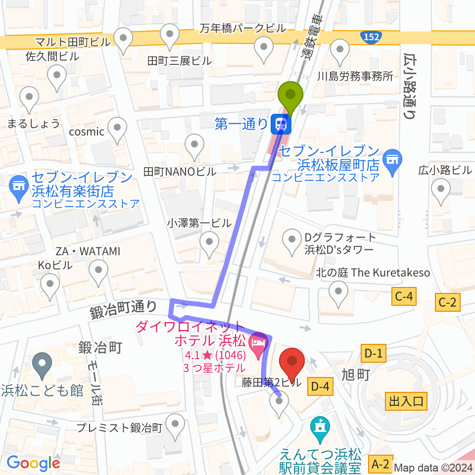 第一通り駅から浜松メスカリンドライブへのルートマップ地図