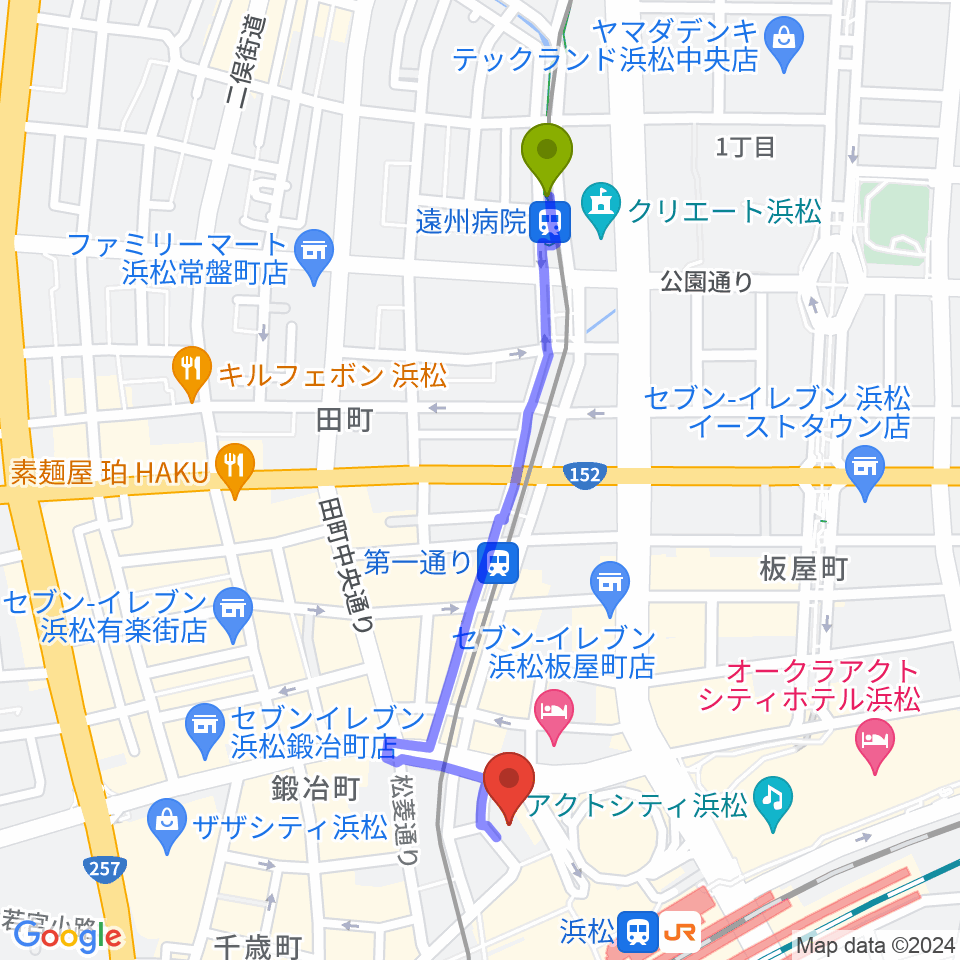 遠州病院駅から浜松メスカリンドライブへのルートマップ地図