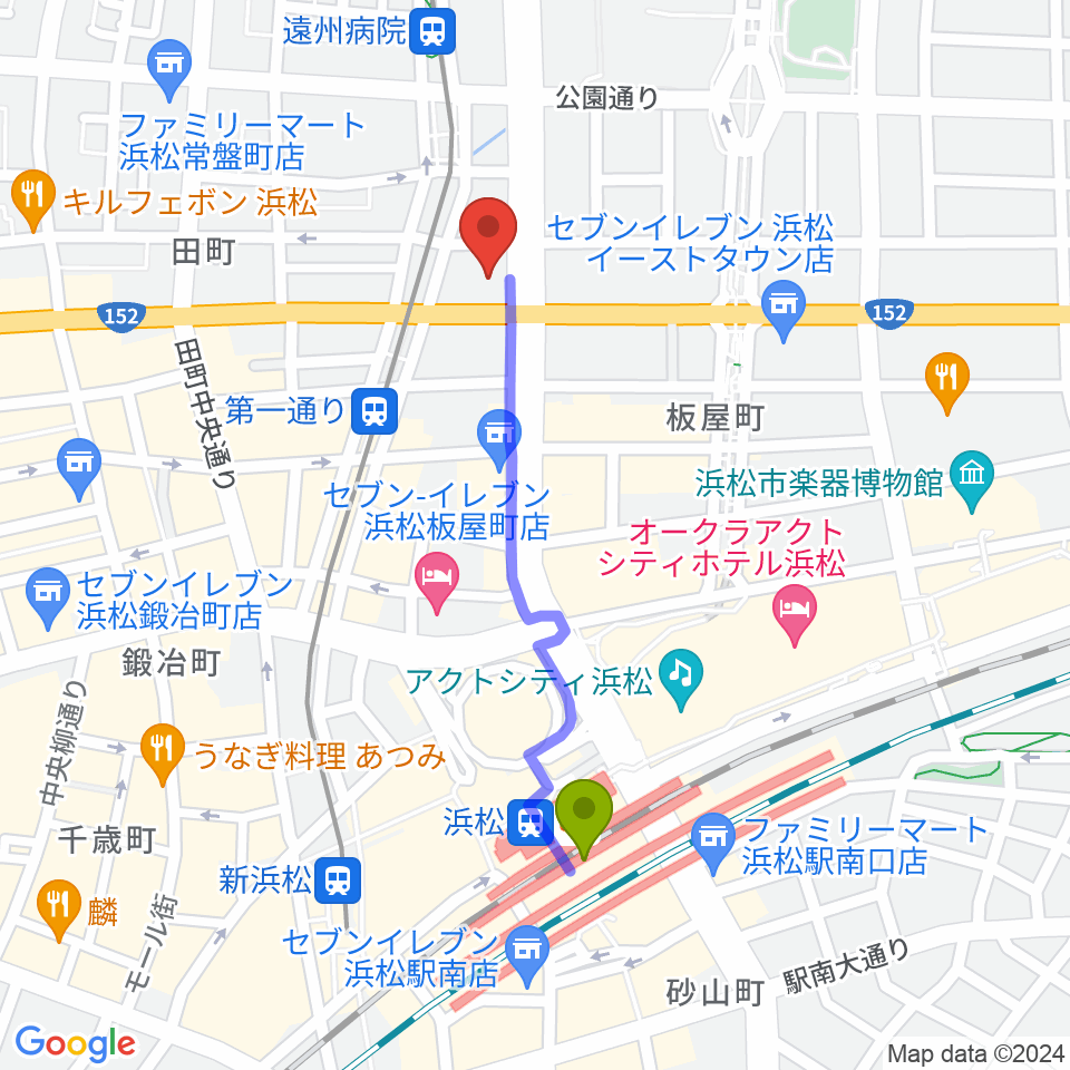 浜松駅から浜松窓枠へのルートマップ地図