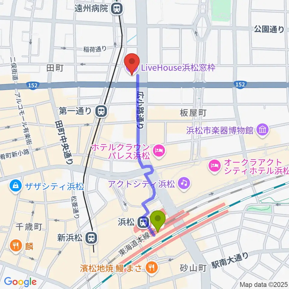 浜松駅から浜松窓枠へのルートマップ地図