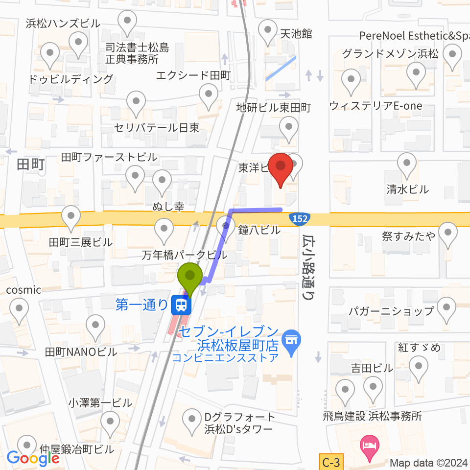 浜松窓枠の最寄駅第一通り駅からの徒歩ルート（約2分）地図