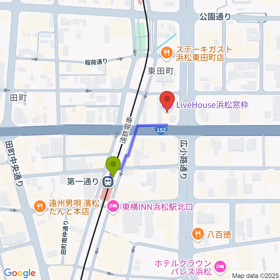 浜松窓枠の最寄駅第一通り駅からの徒歩ルート（約2分）地図