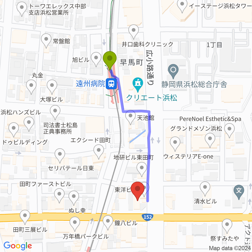 遠州病院駅から浜松窓枠へのルートマップ地図