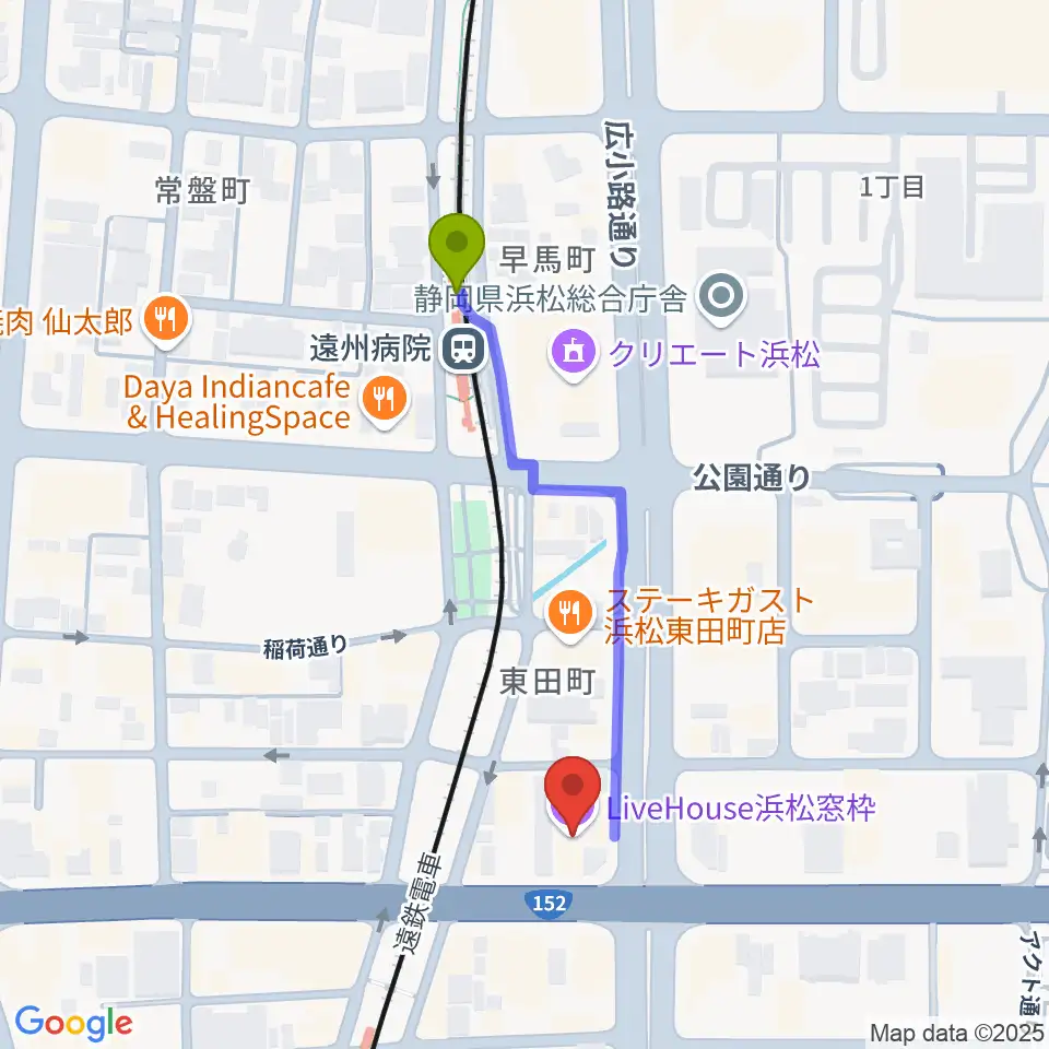 遠州病院駅から浜松窓枠へのルートマップ地図