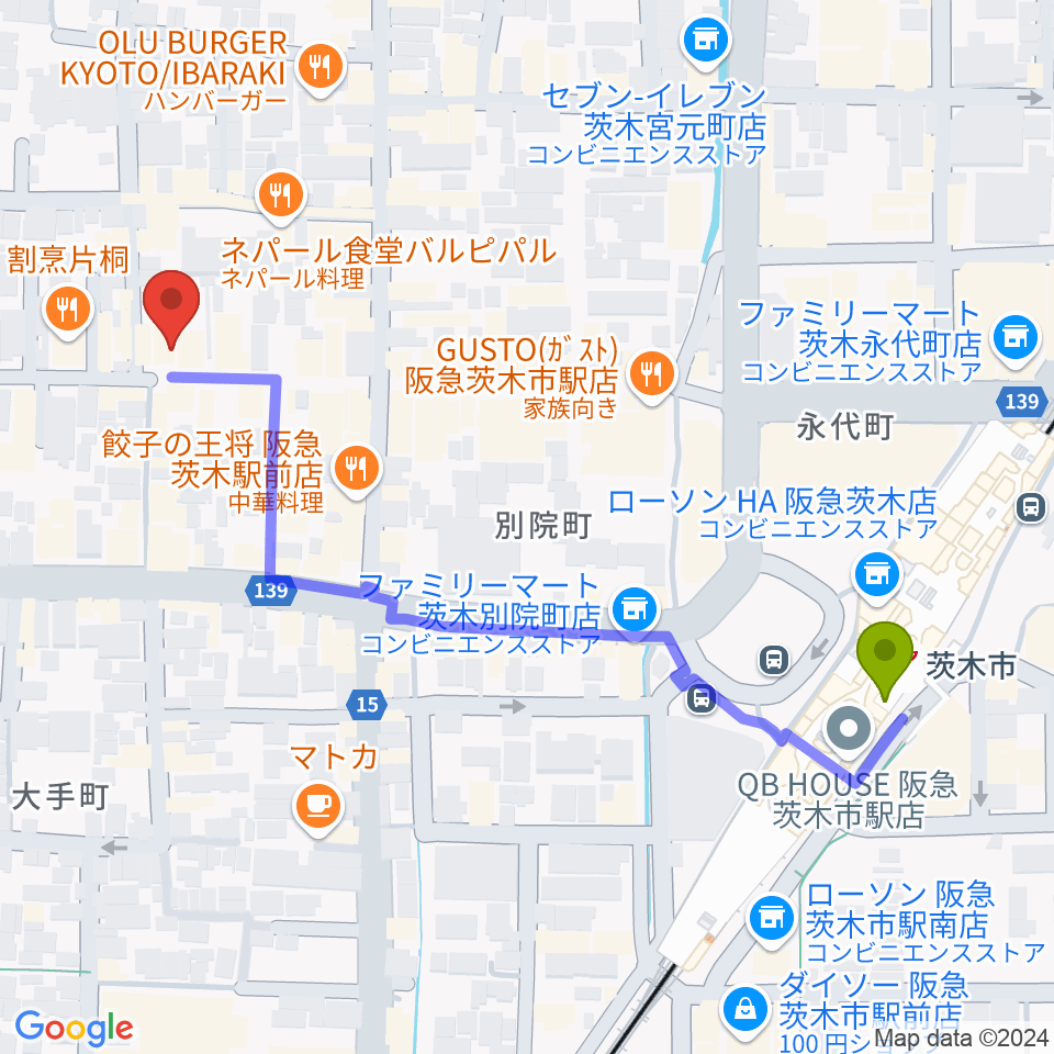 セブンステップミュージックの最寄駅茨木市駅からの徒歩ルート（約6分）地図