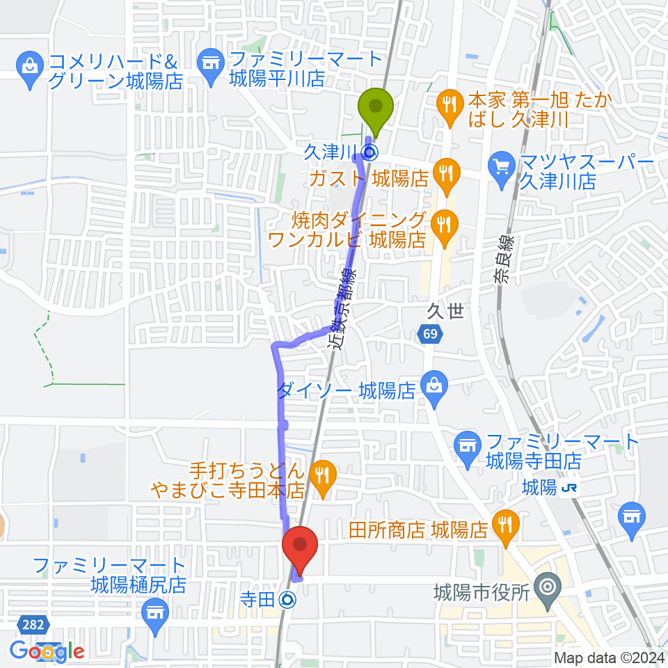 久津川駅からスタジオフレイバーへのルートマップ地図