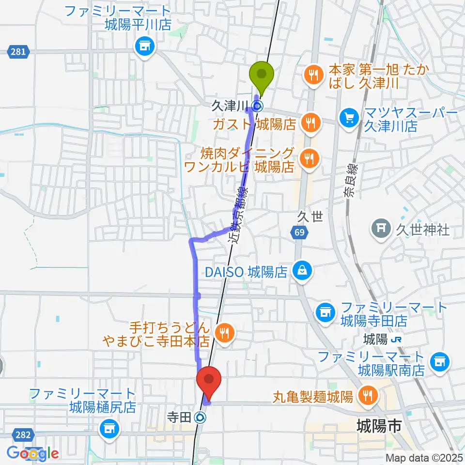 久津川駅からスタジオフレイバーへのルートマップ地図