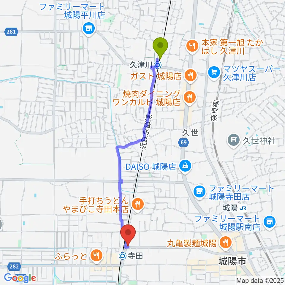 久津川駅からスタジオフレイバーへのルートマップ地図
