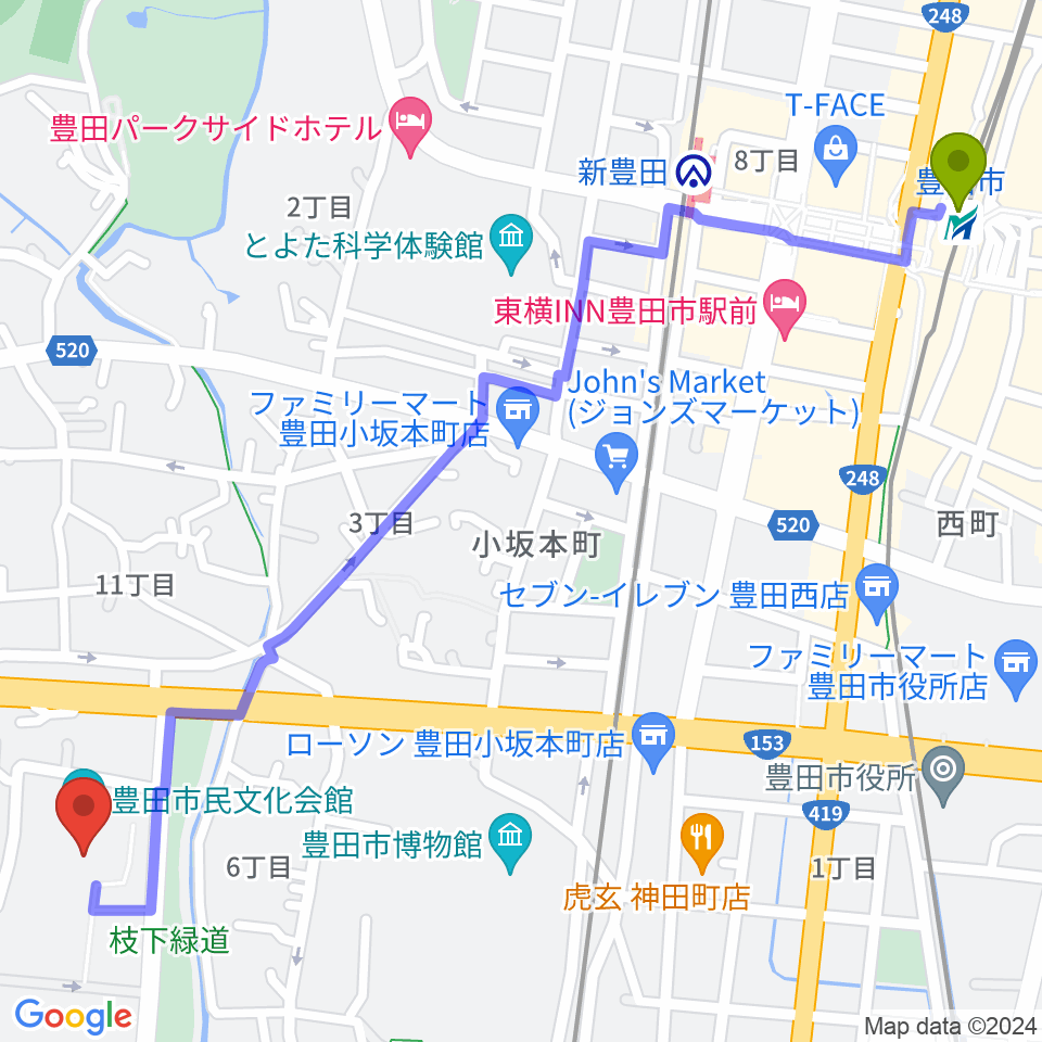 豊田市駅から豊田市民文化会館へのルートマップ地図