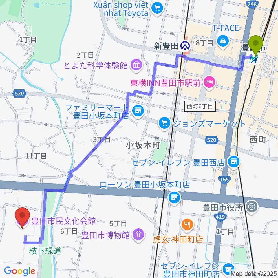 豊田市駅から豊田市民文化会館へのルートマップ地図