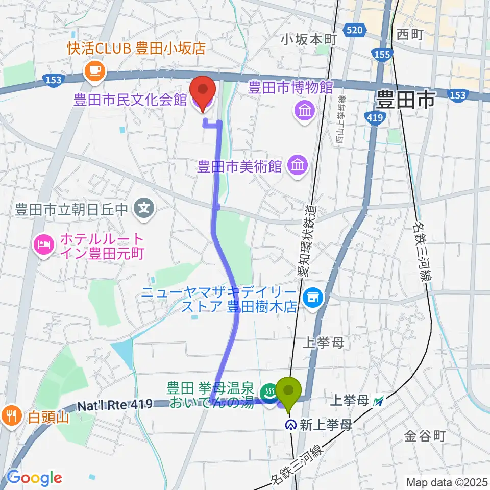 新上挙母駅から豊田市民文化会館へのルートマップ地図
