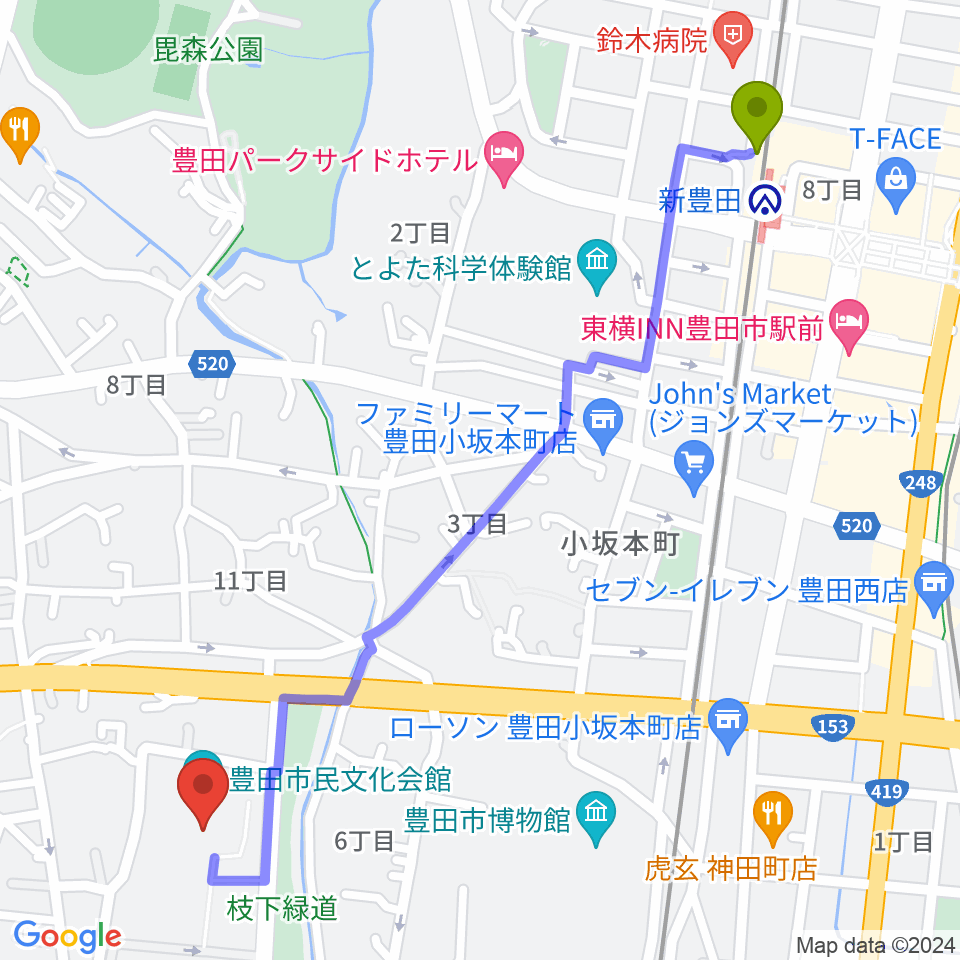 豊田市民文化会館の最寄駅新豊田駅からの徒歩ルート（約14分）地図