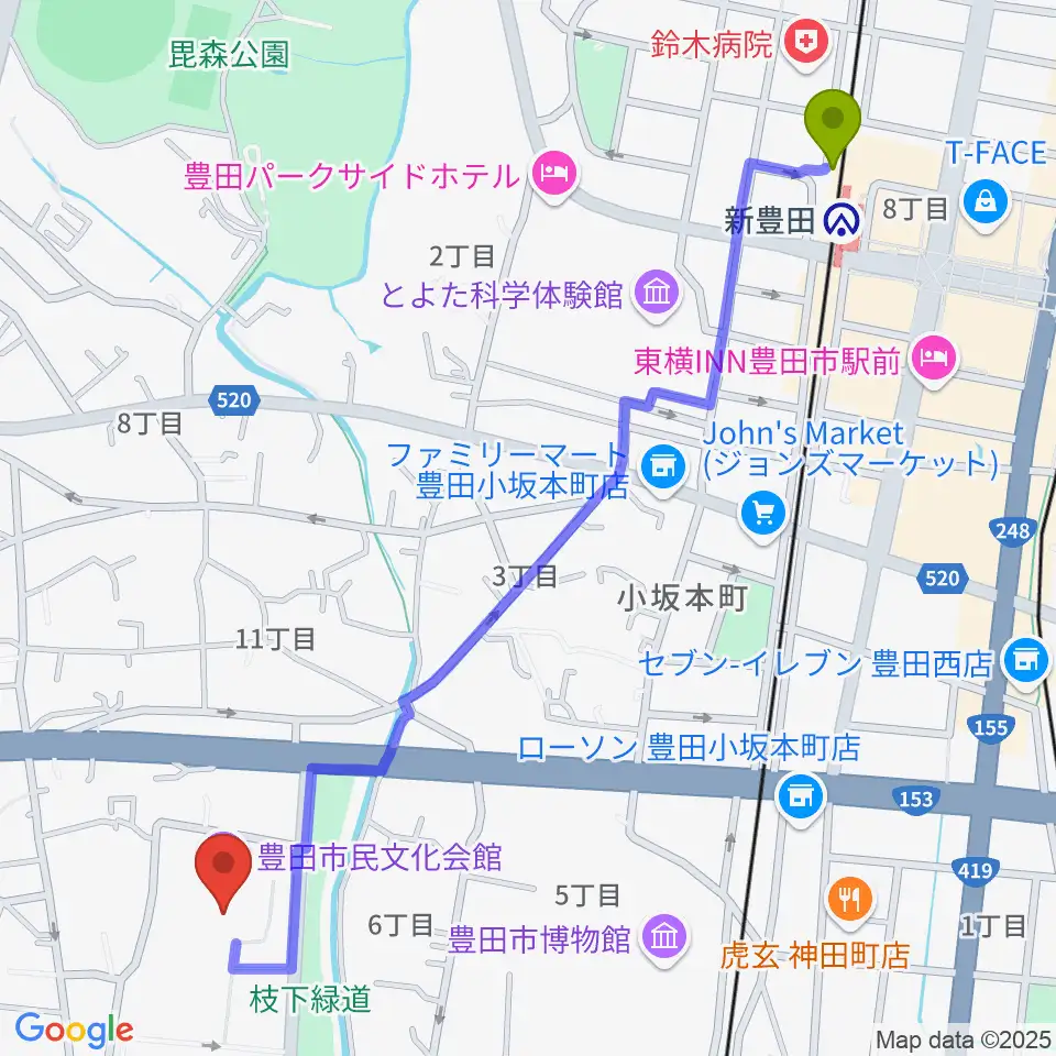 豊田市民文化会館の最寄駅新豊田駅からの徒歩ルート（約14分）地図