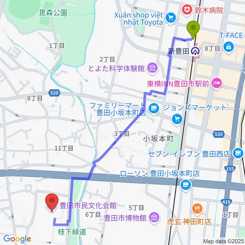 豊田市民文化会館の最寄駅新豊田駅からの徒歩ルート（約14分）地図