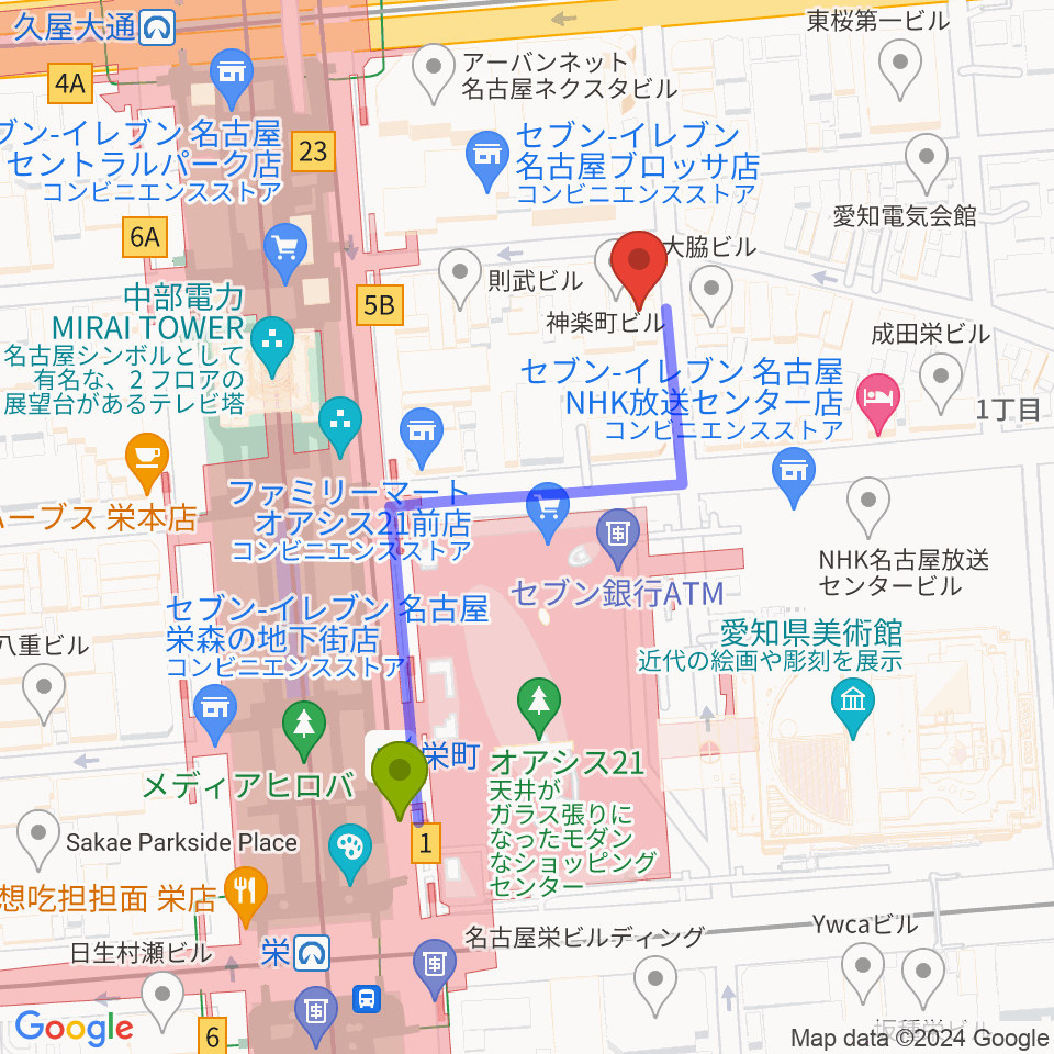 栄町駅からJazz inn LOVELYへのルートマップ地図