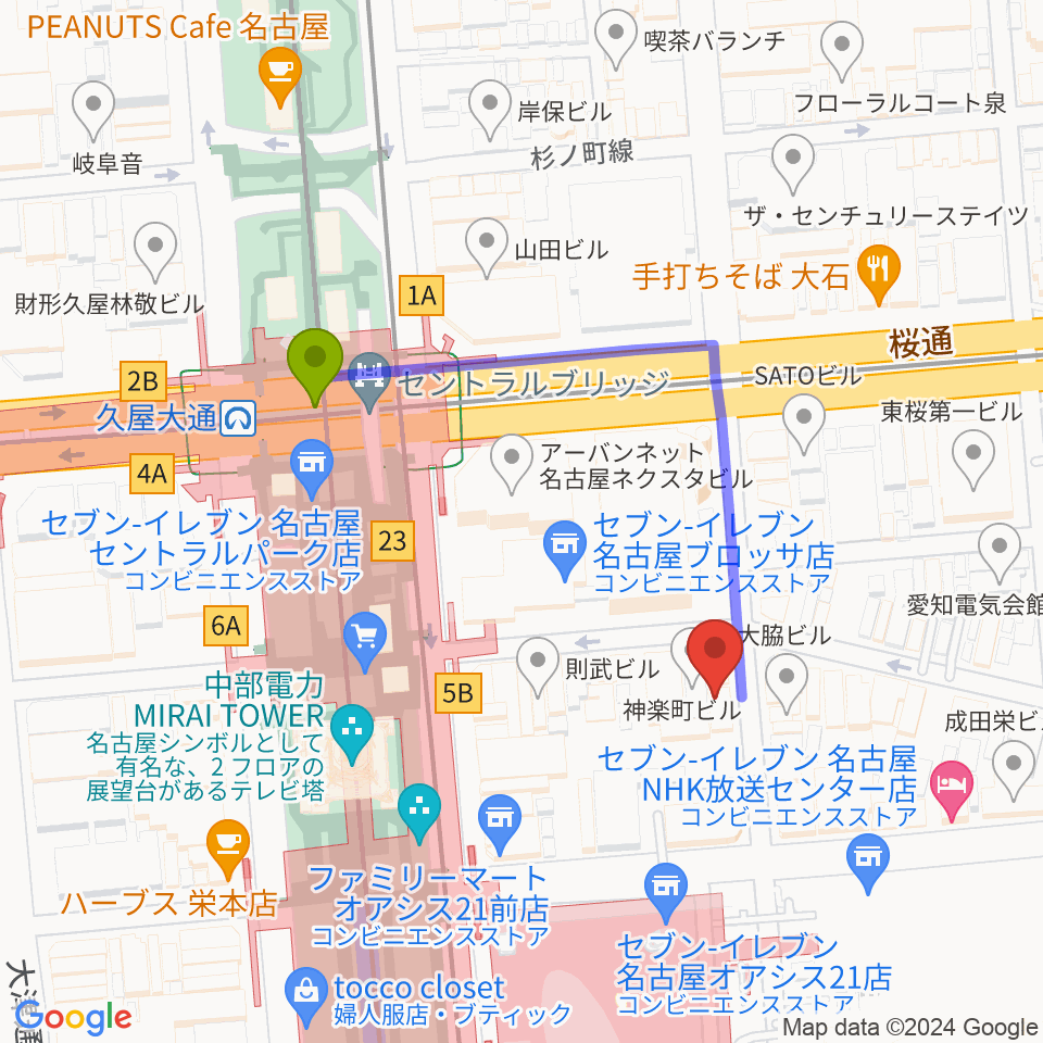 Jazz inn LOVELYの最寄駅久屋大通駅からの徒歩ルート（約4分）地図