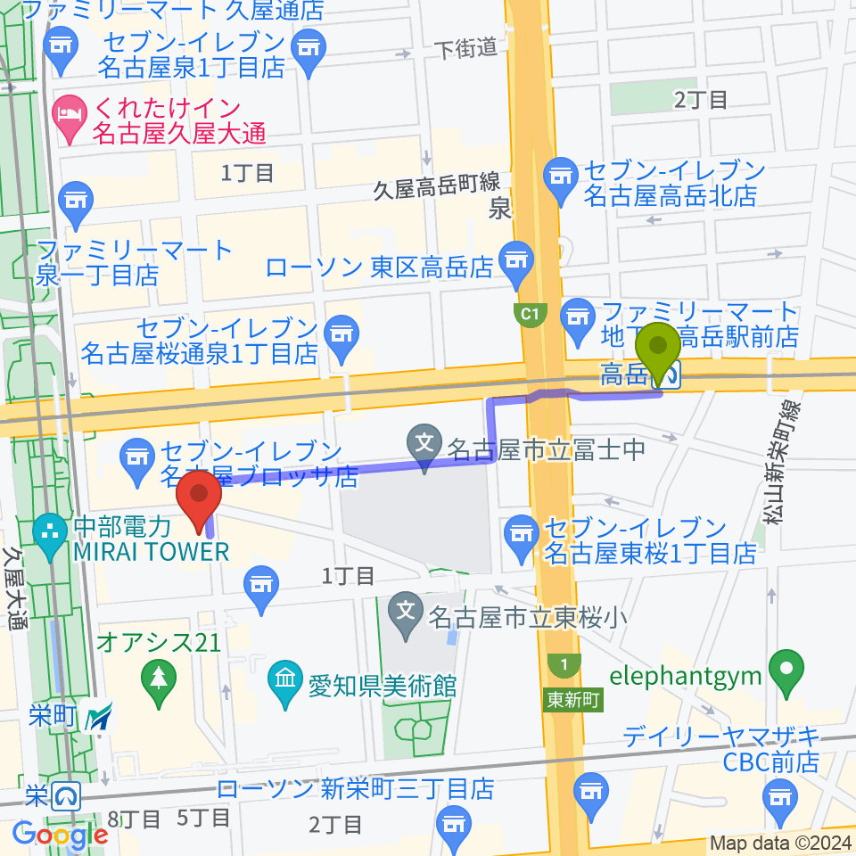 高岳駅からJazz inn LOVELYへのルートマップ地図