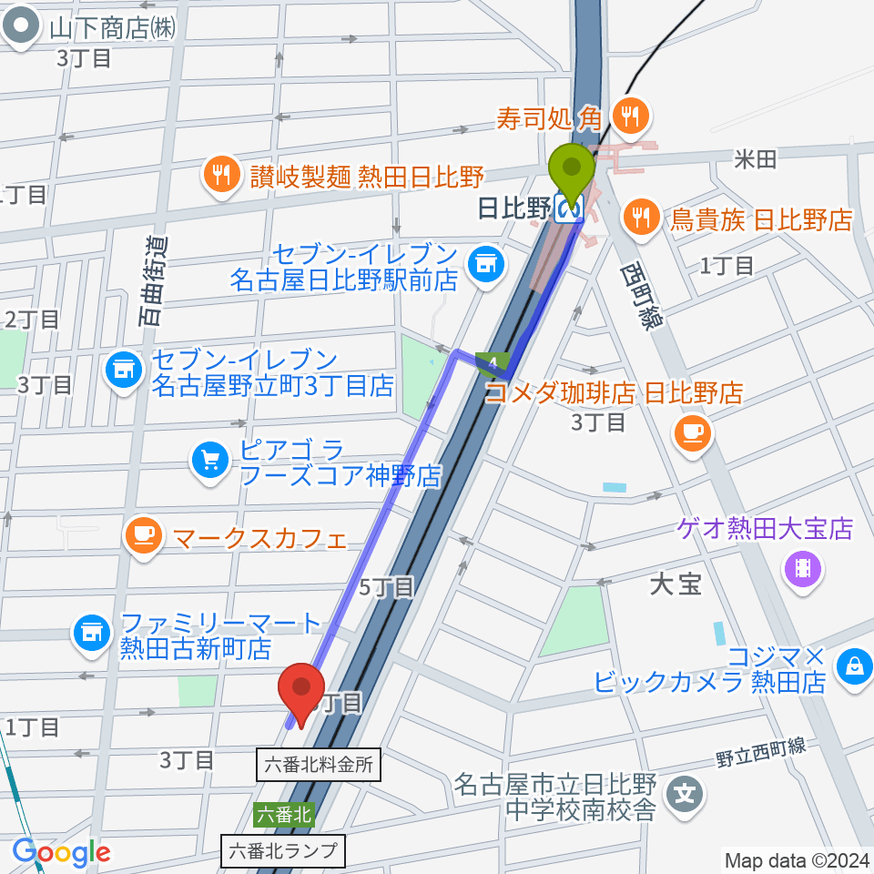 日比野駅からミュージックサルーン・アーデンへのルートマップ地図