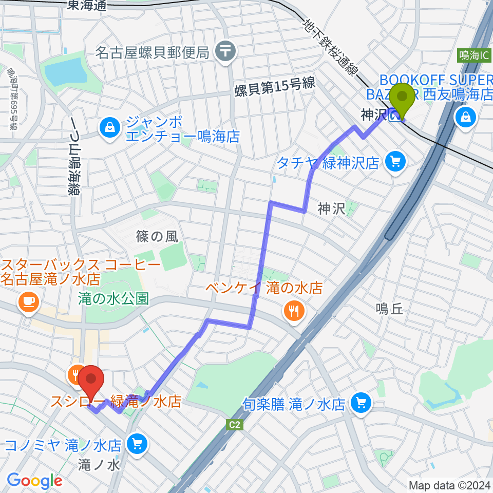 神沢駅からアランプーサンへのルートマップ地図