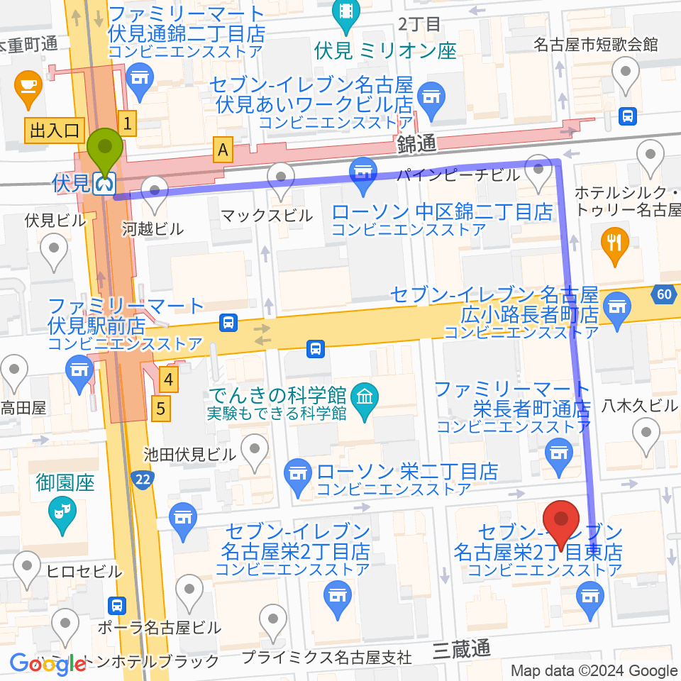 名古屋R&B Melroseの最寄駅伏見駅からの徒歩ルート（約7分）地図