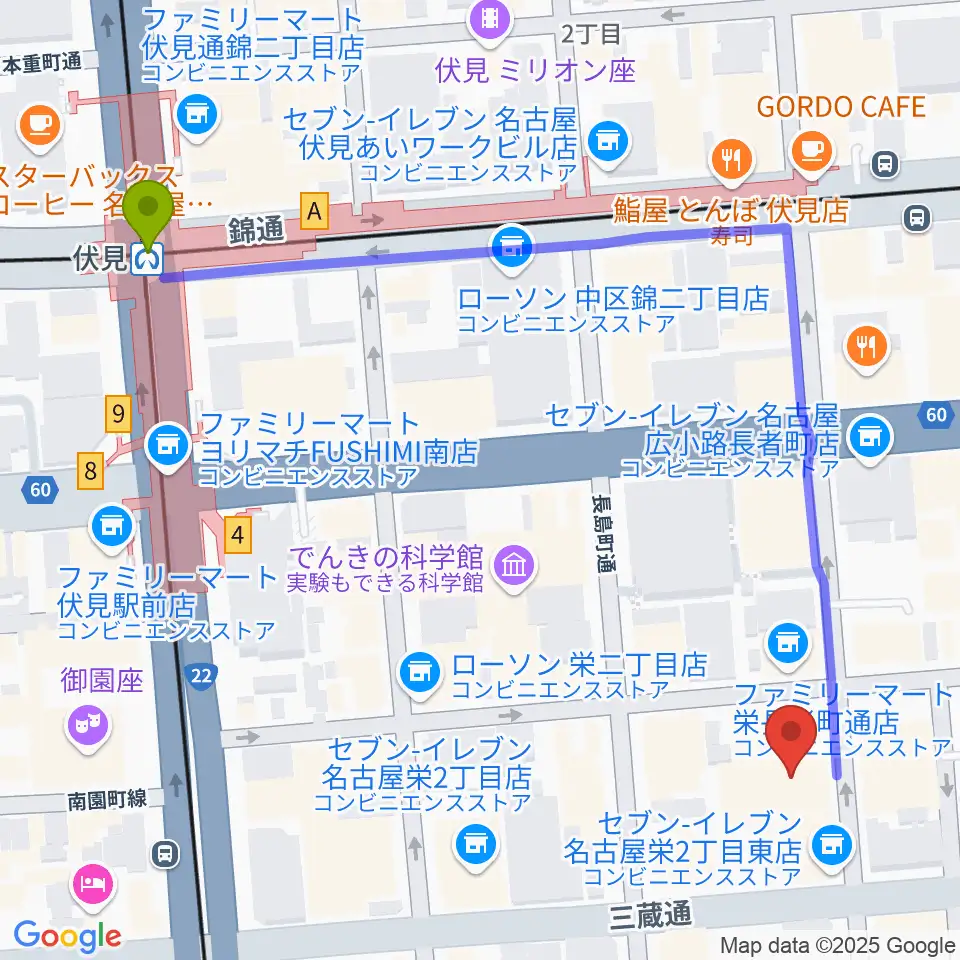 名古屋R&B Melroseの最寄駅伏見駅からの徒歩ルート（約7分）地図