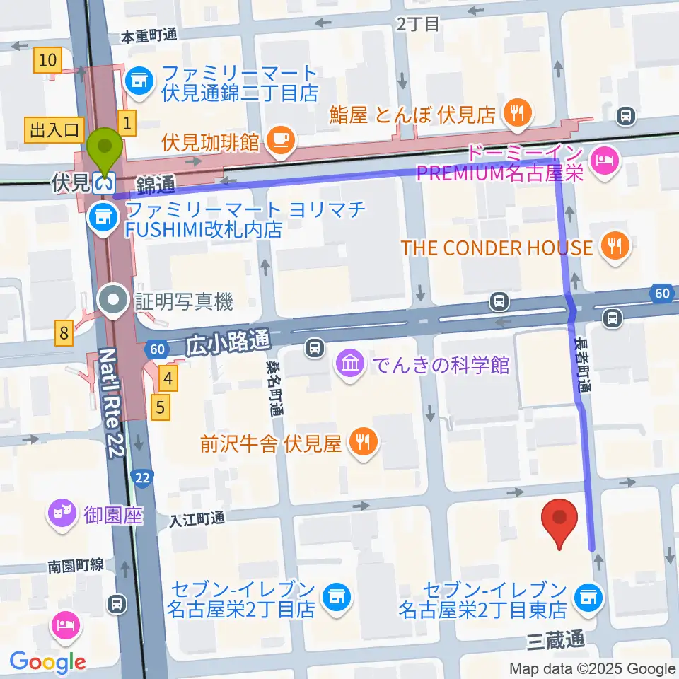 名古屋R&B Melroseの最寄駅伏見駅からの徒歩ルート（約7分）地図
