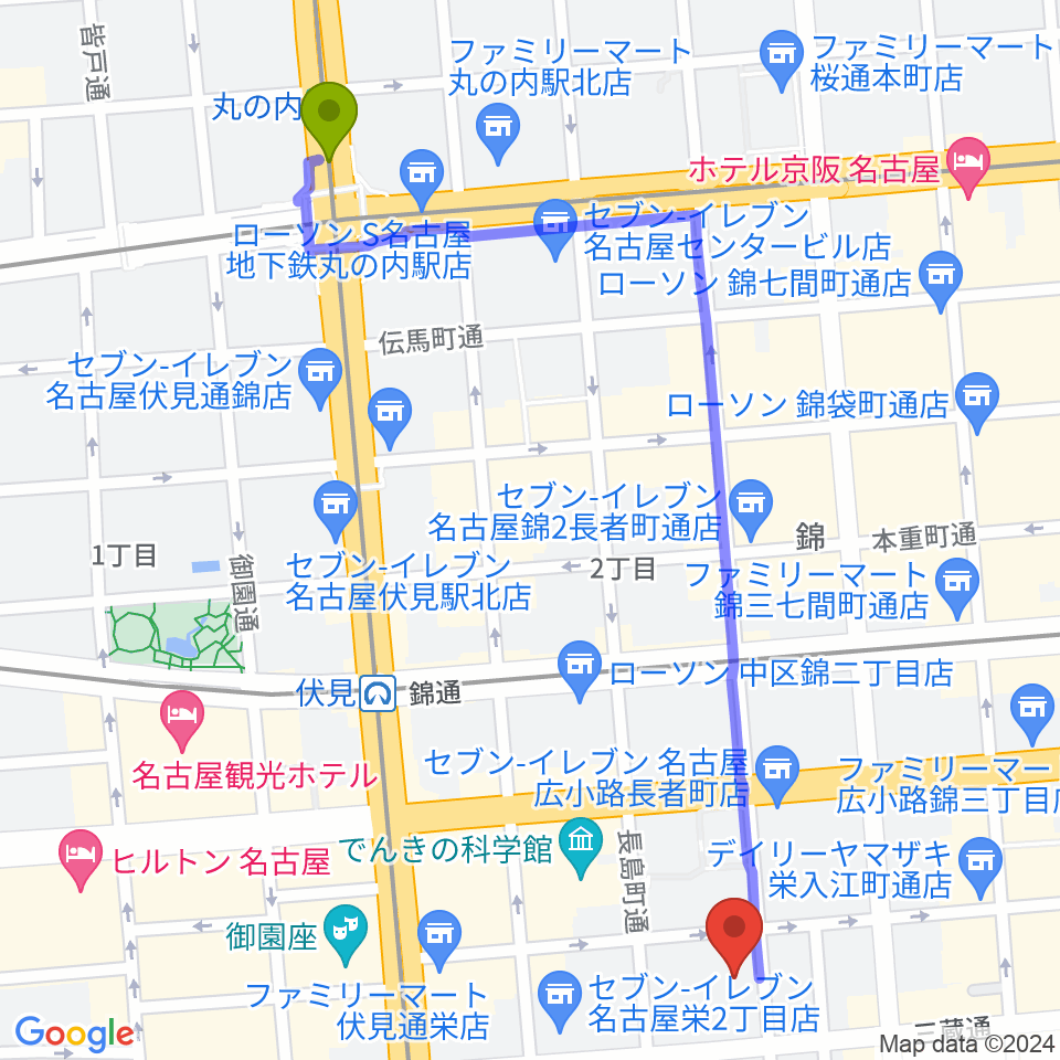 丸の内駅から名古屋R&B Melroseへのルートマップ地図