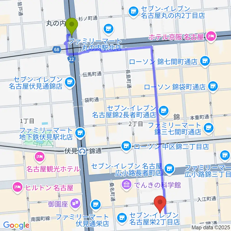 丸の内駅から名古屋R&B Melroseへのルートマップ地図