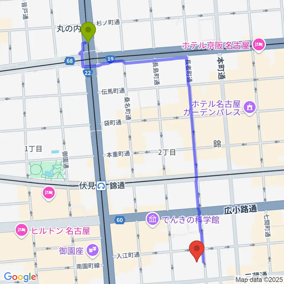 丸の内駅から名古屋R&B Melroseへのルートマップ地図