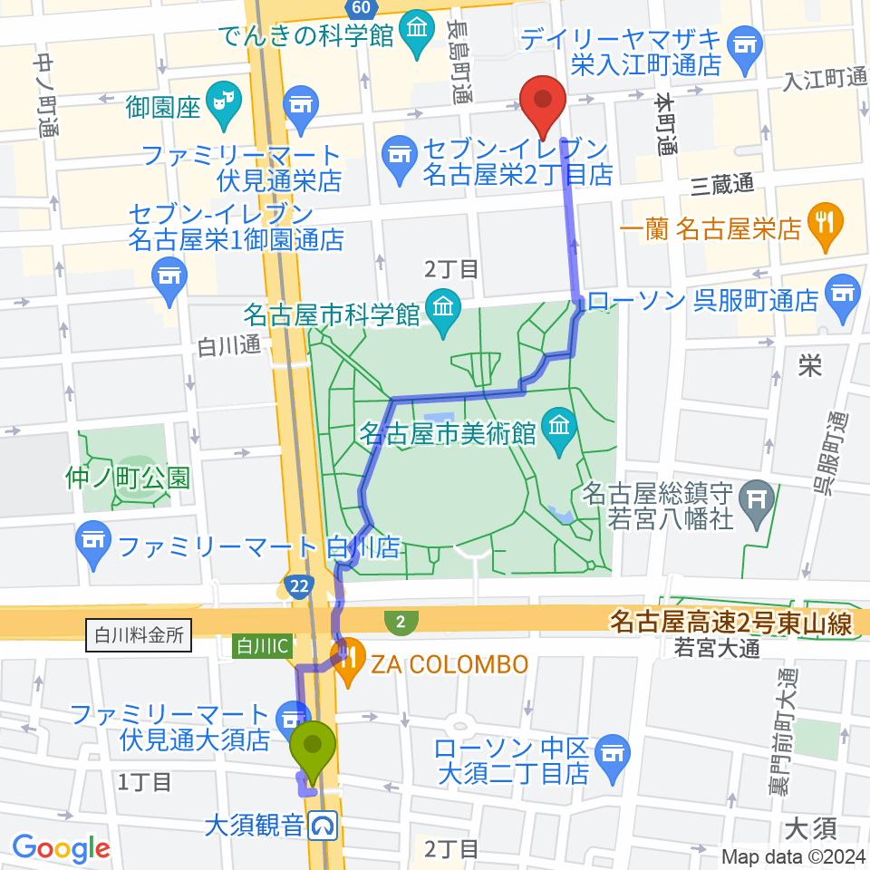 大須観音駅から名古屋R&B Melroseへのルートマップ地図