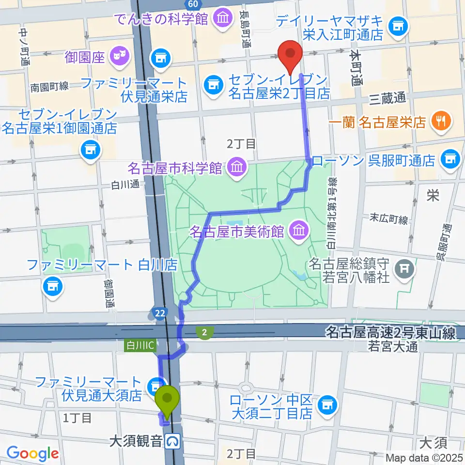 大須観音駅から名古屋R&B Melroseへのルートマップ地図