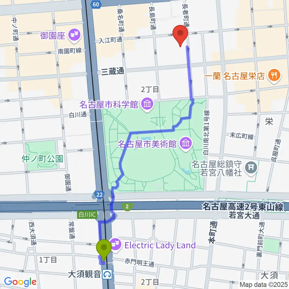 大須観音駅から名古屋R&B Melroseへのルートマップ地図
