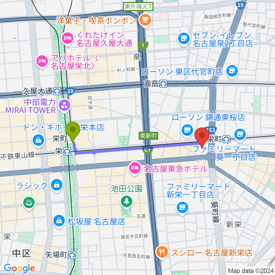 栄町駅から名古屋Jazz Spot Swingへのルートマップ地図