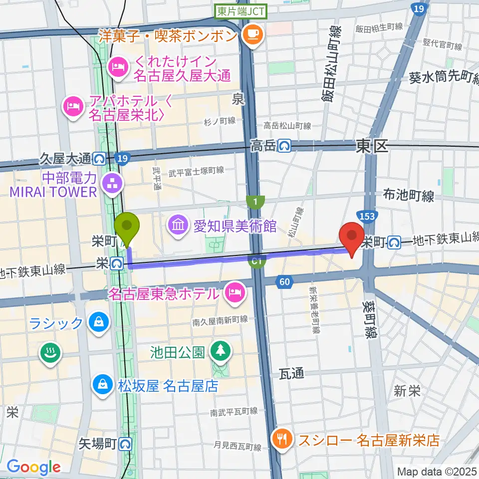 栄町駅から名古屋Jazz Spot Swingへのルートマップ地図