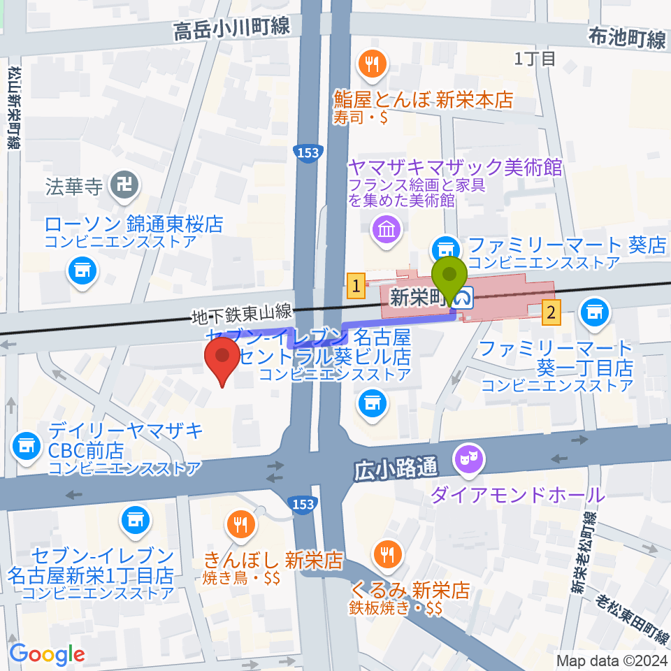 名古屋Jazz Spot Swingの最寄駅新栄町駅からの徒歩ルート（約3分）地図