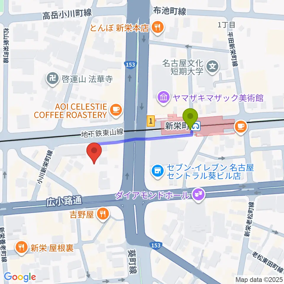 名古屋Jazz Spot Swingの最寄駅新栄町駅からの徒歩ルート（約3分）地図
