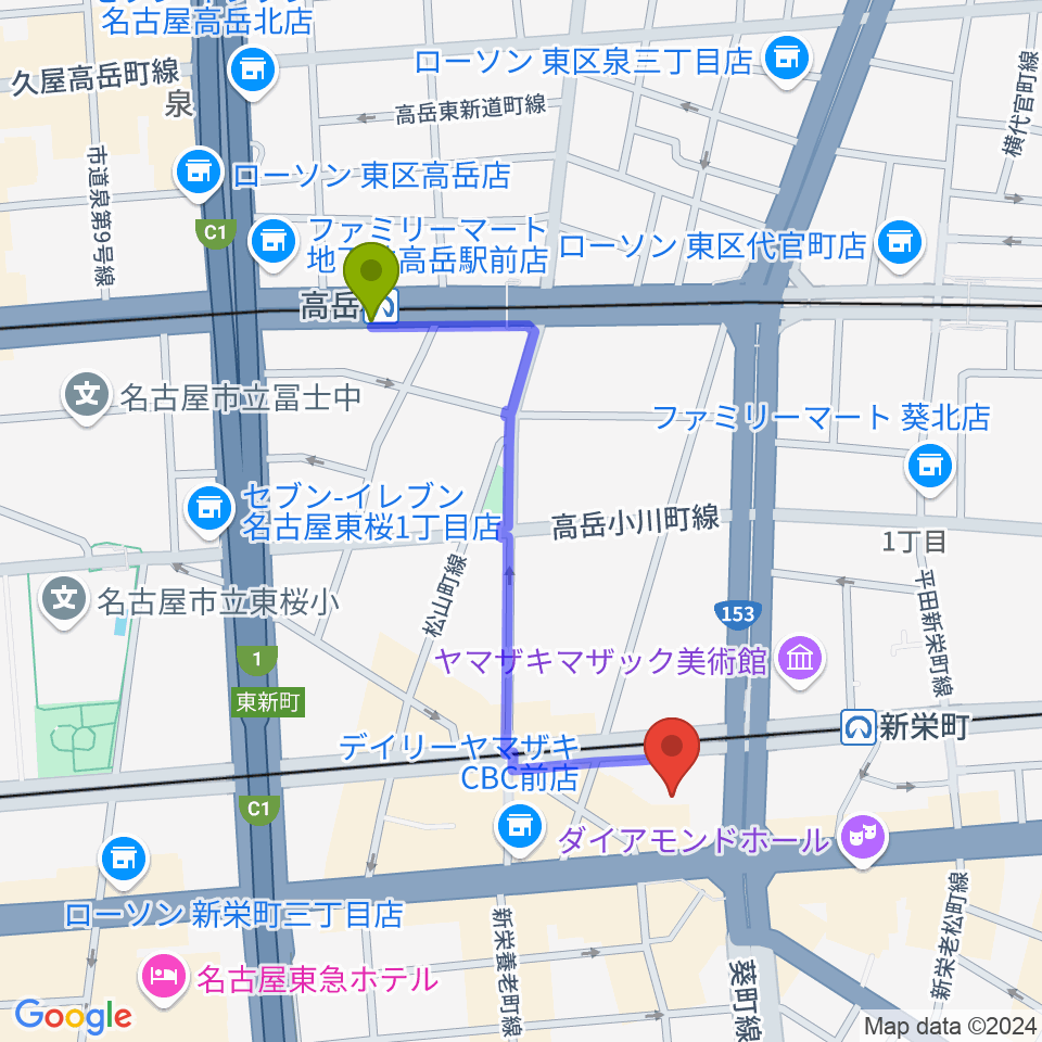 高岳駅から名古屋Jazz Spot Swingへのルートマップ地図