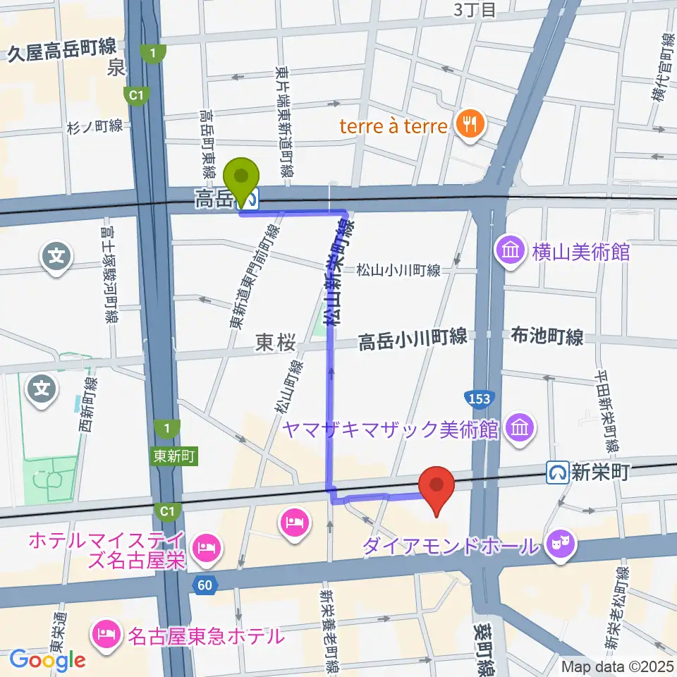 高岳駅から名古屋Jazz Spot Swingへのルートマップ地図