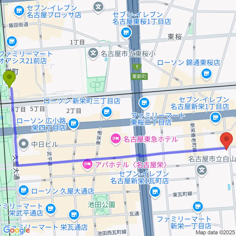 栄町駅から新栄クラブロックンロールへのルートマップ地図