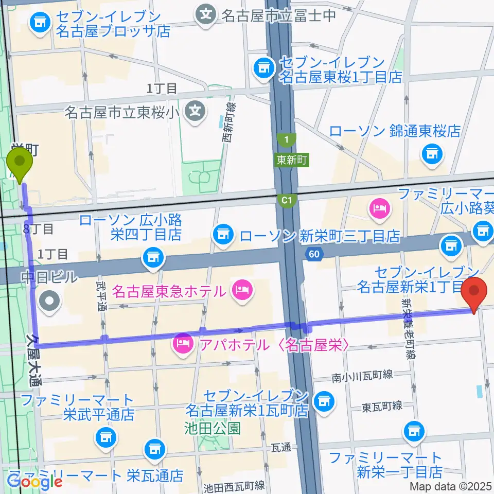 栄町駅から新栄クラブロックンロールへのルートマップ地図