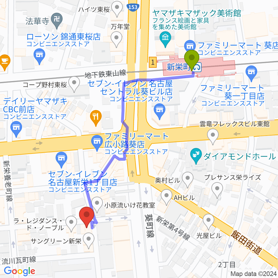 新栄クラブロックンロールの最寄駅新栄町駅からの徒歩ルート（約5分）地図