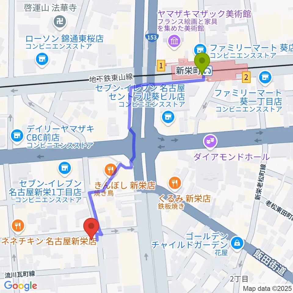 新栄クラブロックンロールの最寄駅新栄町駅からの徒歩ルート（約5分）地図