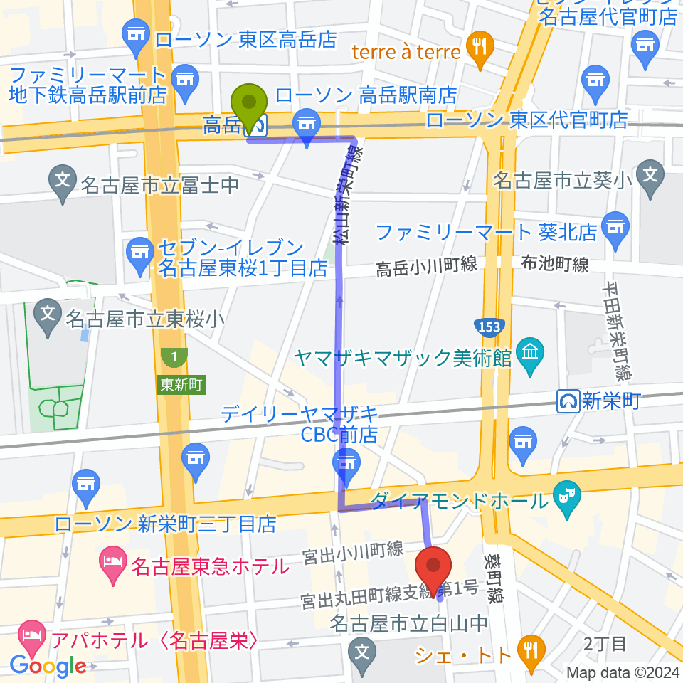 高岳駅から新栄クラブロックンロールへのルートマップ地図