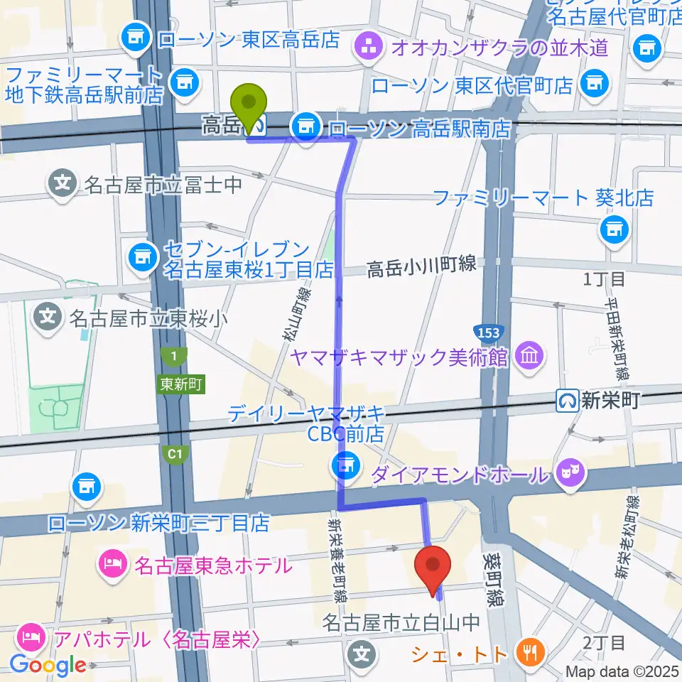 高岳駅から新栄クラブロックンロールへのルートマップ地図