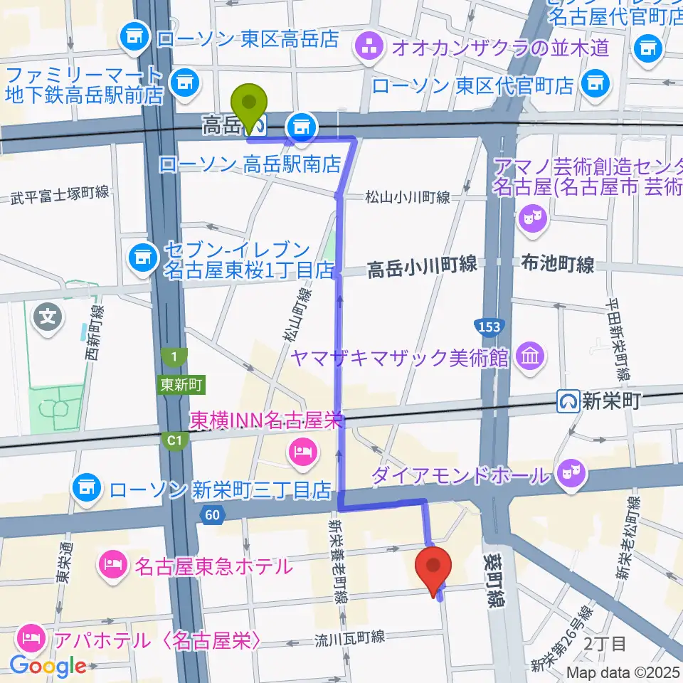高岳駅から新栄クラブロックンロールへのルートマップ地図