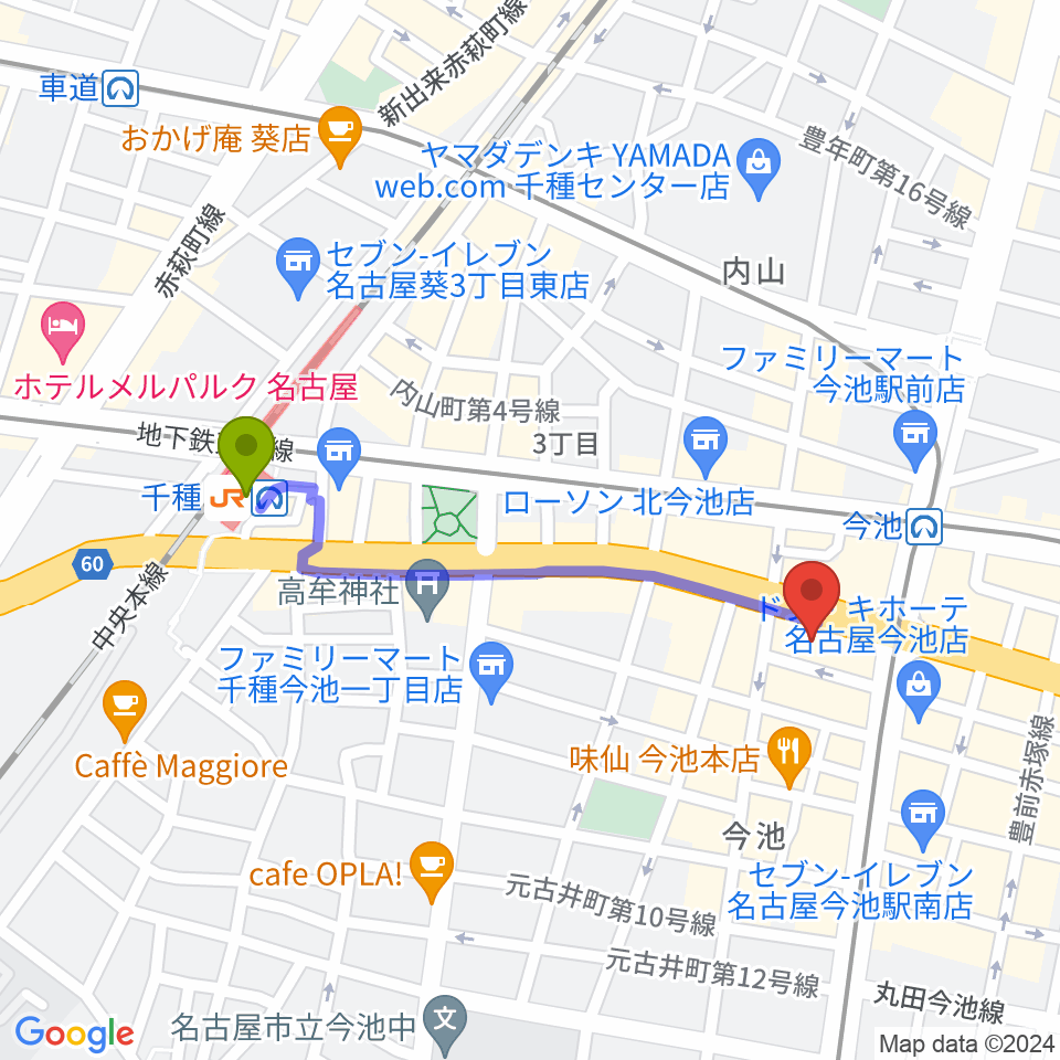 千種駅から今池パラダイスカフェ21へのルートマップ地図