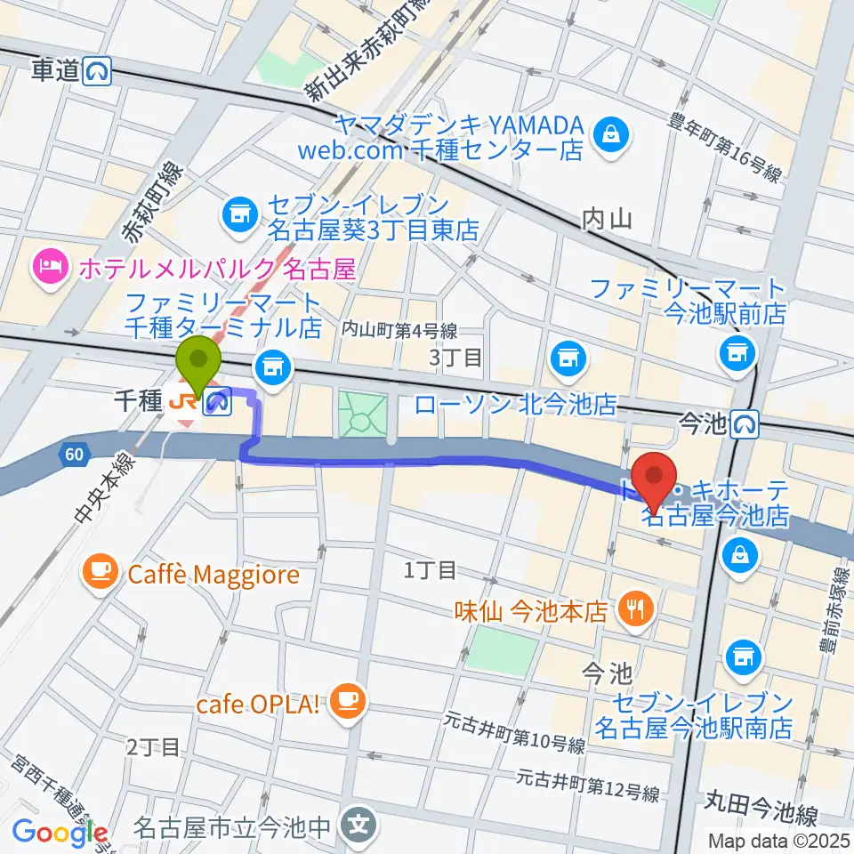 千種駅から今池パラダイスカフェ21へのルートマップ地図