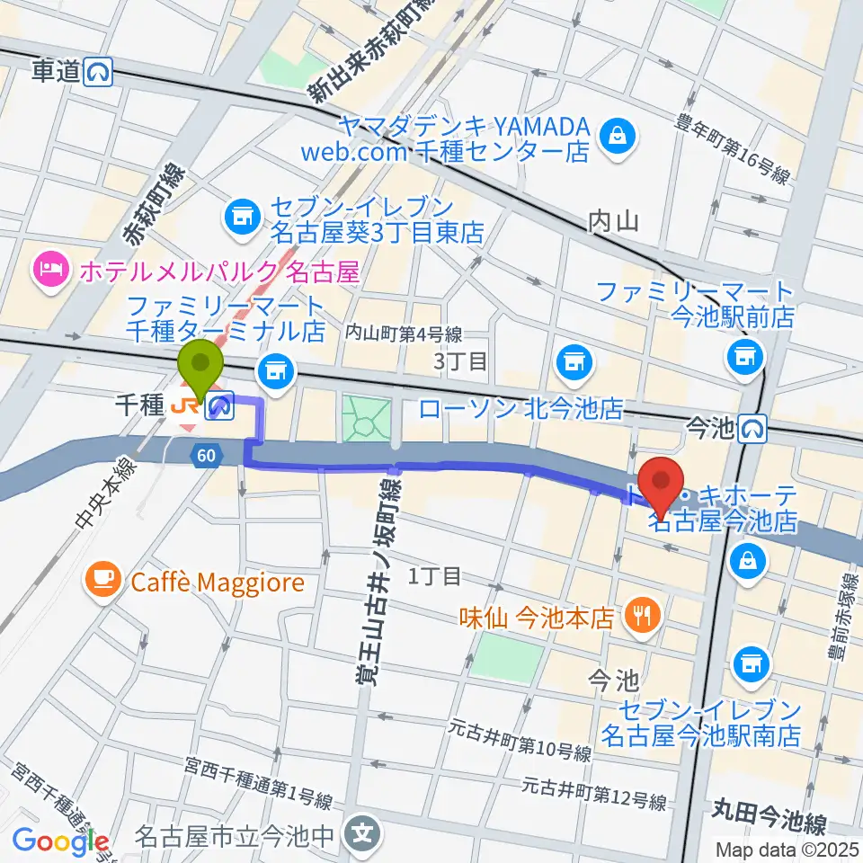 千種駅から今池パラダイスカフェ21へのルートマップ地図
