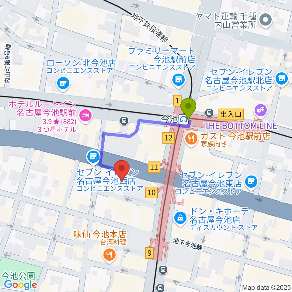 今池パラダイスカフェ21の最寄駅今池駅からの徒歩ルート（約2分）地図