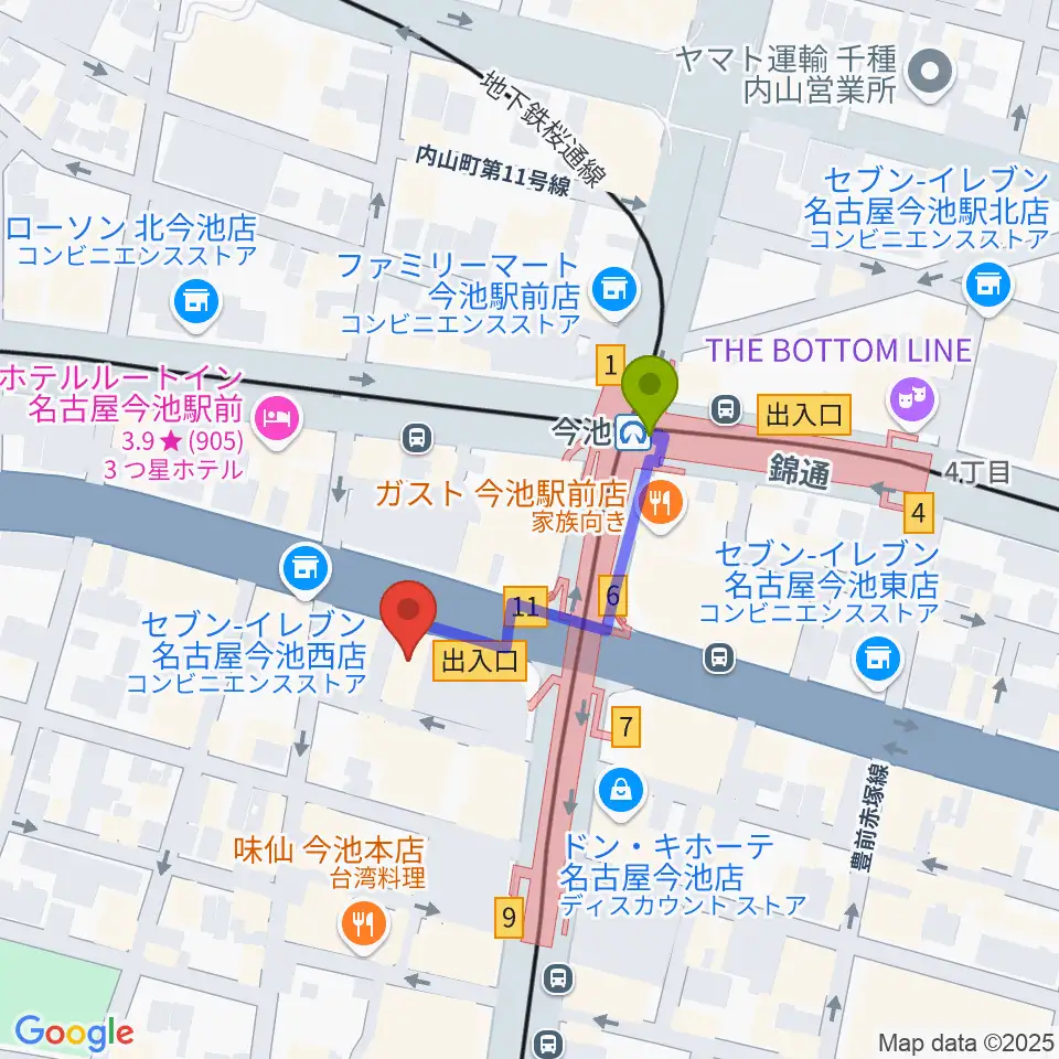 今池パラダイスカフェ21の最寄駅今池駅からの徒歩ルート（約2分）地図